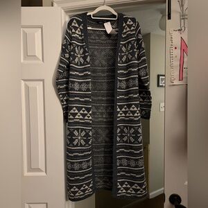Gee Gee Fair Isle pattern long cardigan sweater in navy and gray